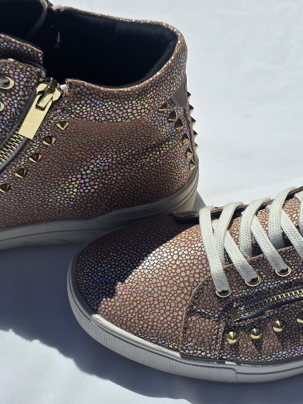 Aldo Iridescent Rose Gold High-Top Sneaker with Stud Accents Size 9